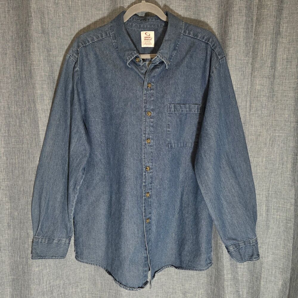 Open Trails Denim Shirt Men's L Button Down  Medium Wash Blue